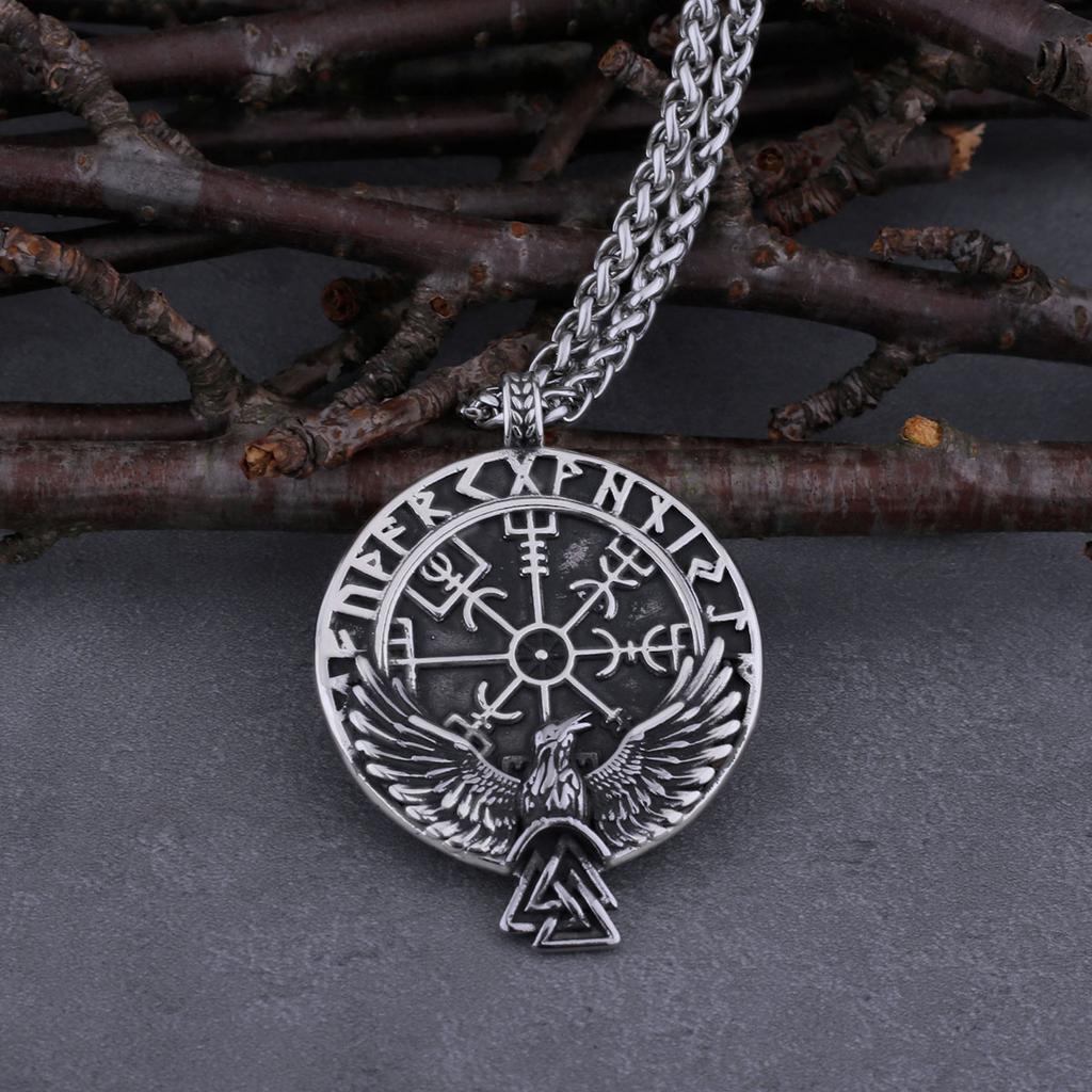 Mens Nordic Viking Compass Odin Raven Pendant Necklace Vintage Scandinavian Rune Amulet Necklace Stainless Steel Jewelry Gift