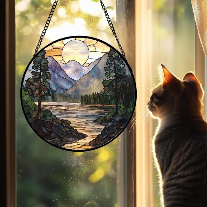 Colorful Acrylic Light Catchers Stained Glass Landscape Suncatchers Ornament for Home Garden Decors and Window Hanging