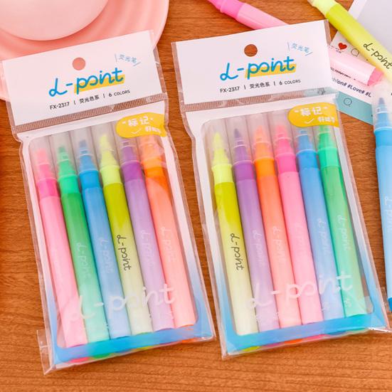 6Pcs Quick-Dry Highlighter Set Large Capacity Eye-Care Markers for Journaling Notes Dual-Tip Cute School Supplies for Kids