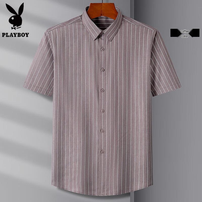 PLAYBOY Men s Quick-Dry Striped Short Sleeve Business Casual Shirt 3XL