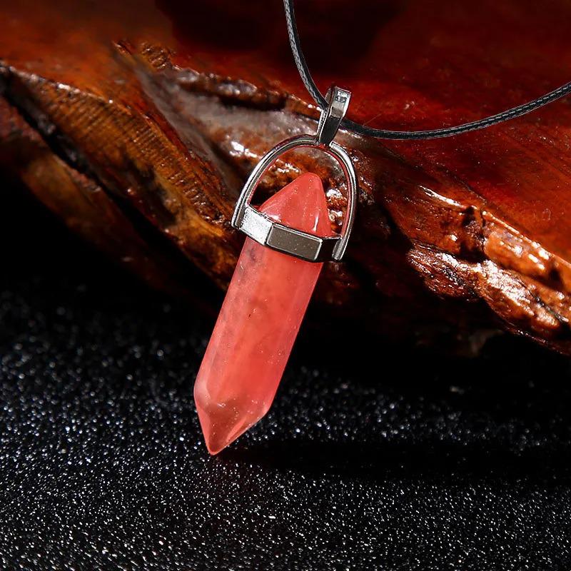 Stylish Hexagonal Crystal Gemstone Pendant Necklace with Gold Cap