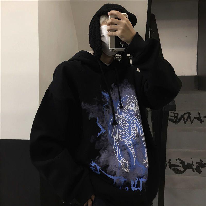 Diablo Graffiti Smiley Print Sweater Men's Street Fleece-lined Thickened Loose Plus Size Hip-Hop Autumn and Winter Jacket