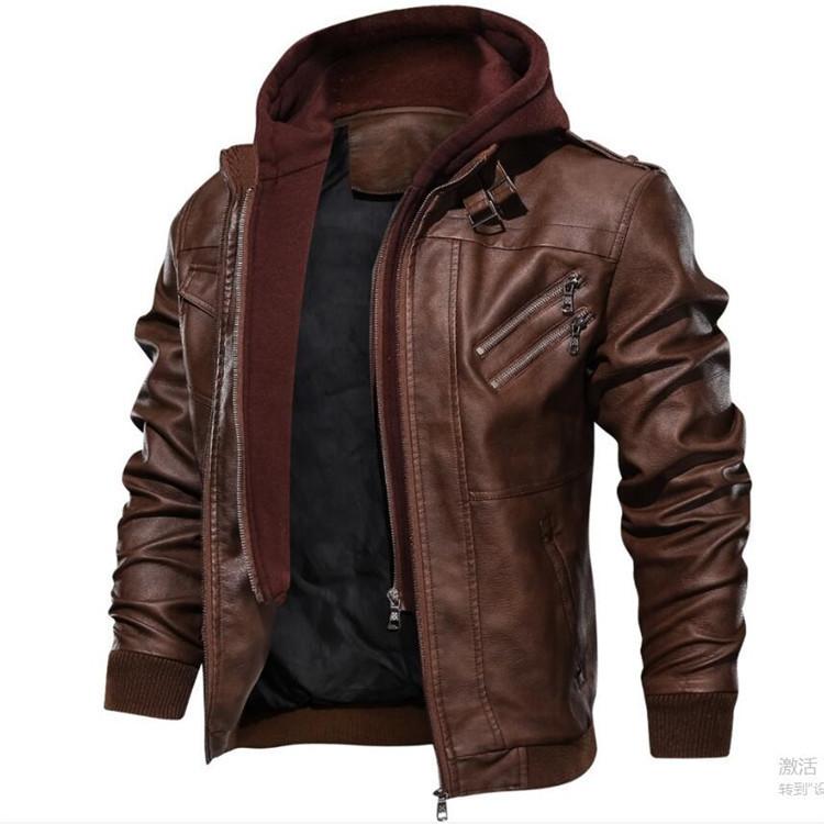 Leather Retro Motorcycle PU Leather Jacket Autumn and Winter Removable Men's Hooded Jacket