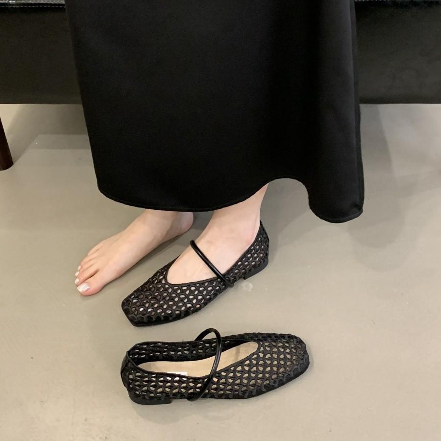 2025 summer new hollow woven mesh sandals women's word with flat bottom low heel Mary Jane shoes