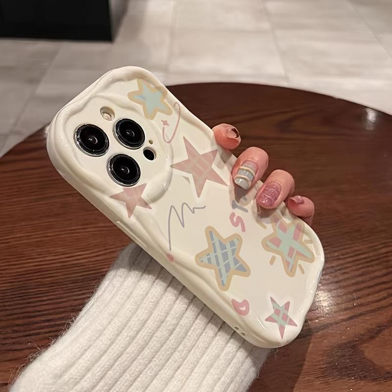Korean Fashion Star Pattern Phone Case For iPhone 17 Pro 16 15 14 Plus 13 12 11 Pro Max 16e 17e Cream Wavy-edge Shockproof Cover