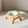 Ceramic Flower Shaped Pet Bowl Non-Slip Detachable Raised Cat Food Bowl with Wooden Stand Anti-Spill Dog Feeder Neck Protection