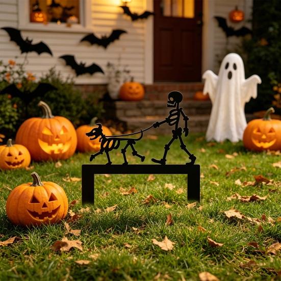 Skeleton Dog Garden Stake Black Skeleton Walking Dog Metal Decoration Funny Halloween Yard