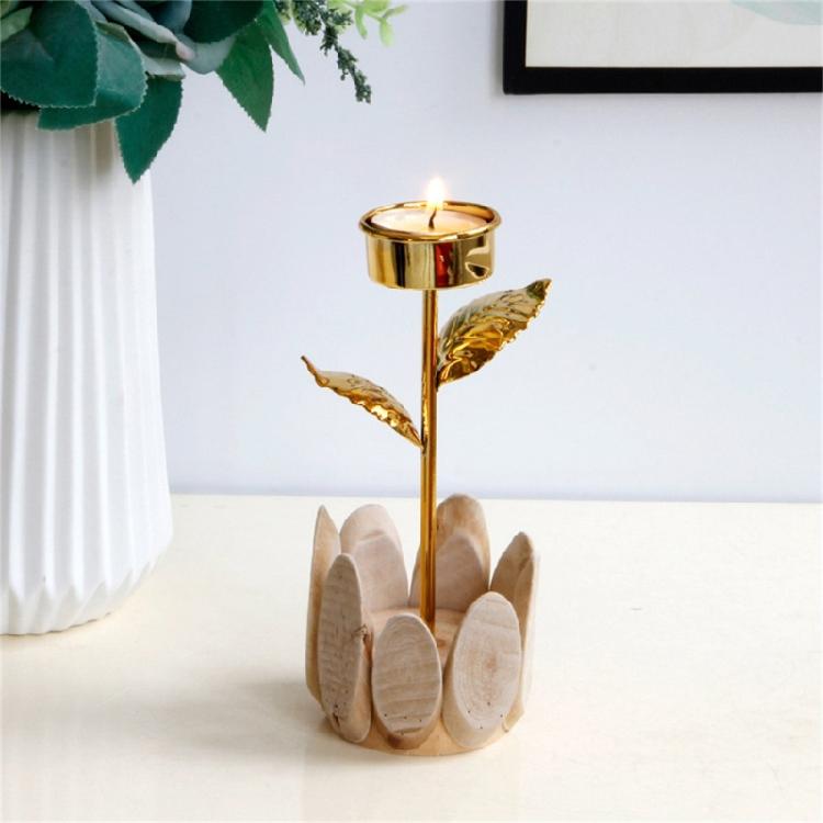 Decorative Wood Tealight Candle Holder Elegant Metal Flower Shape Potted Plant Candle Stand Candlesticks Home Decors