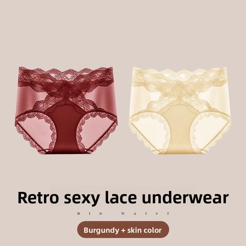 

2 Pieces Ladies Spring and Summer Sweet Sexy Lace Breathable Mini Belly Lift Hip Triangle Briefs 3XL вина червоного кольору/тілесний