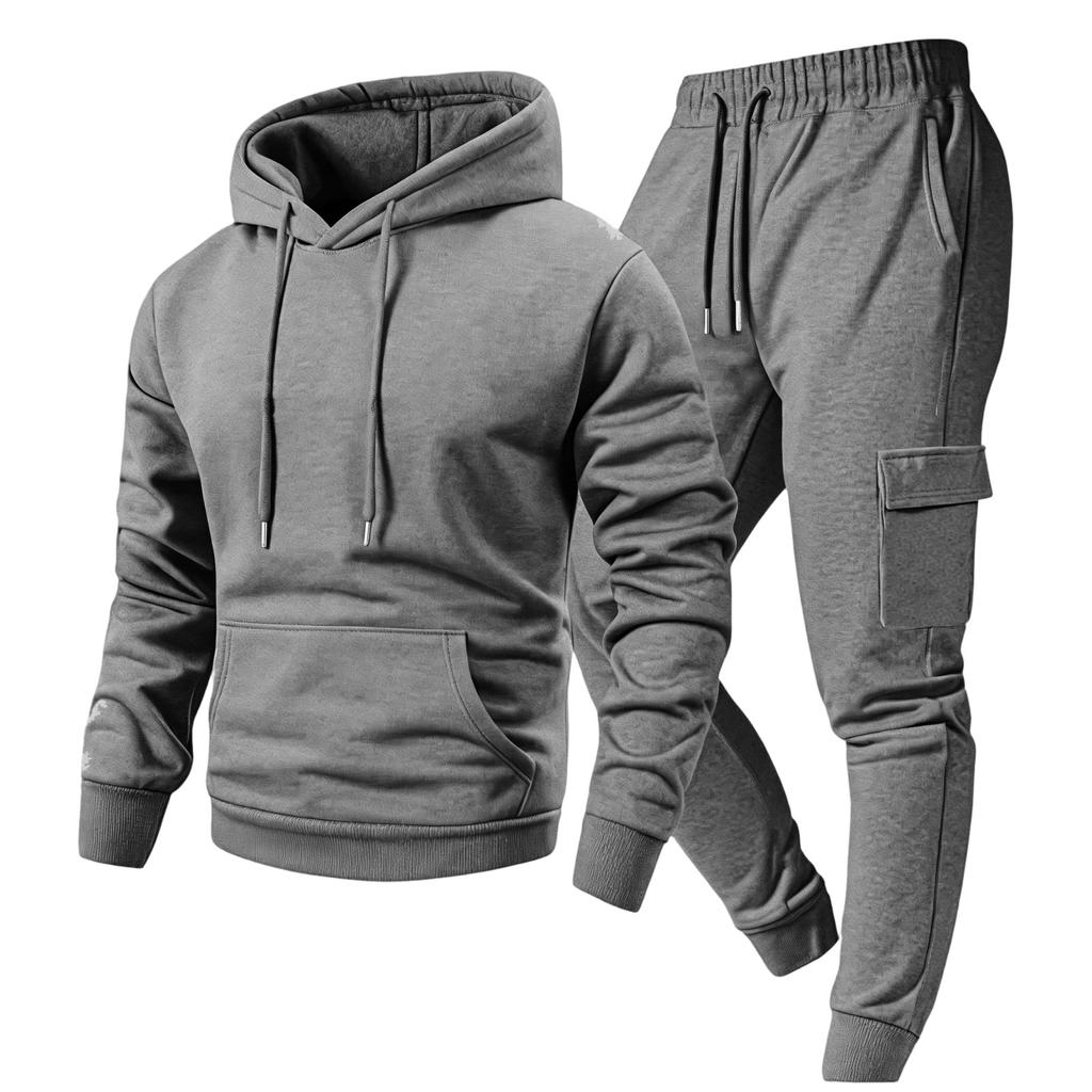 Men's Casual Outdoor Sports Two-Piece Set - Color Sweatshirt and Elastic Waist Cargo Jogger Pants