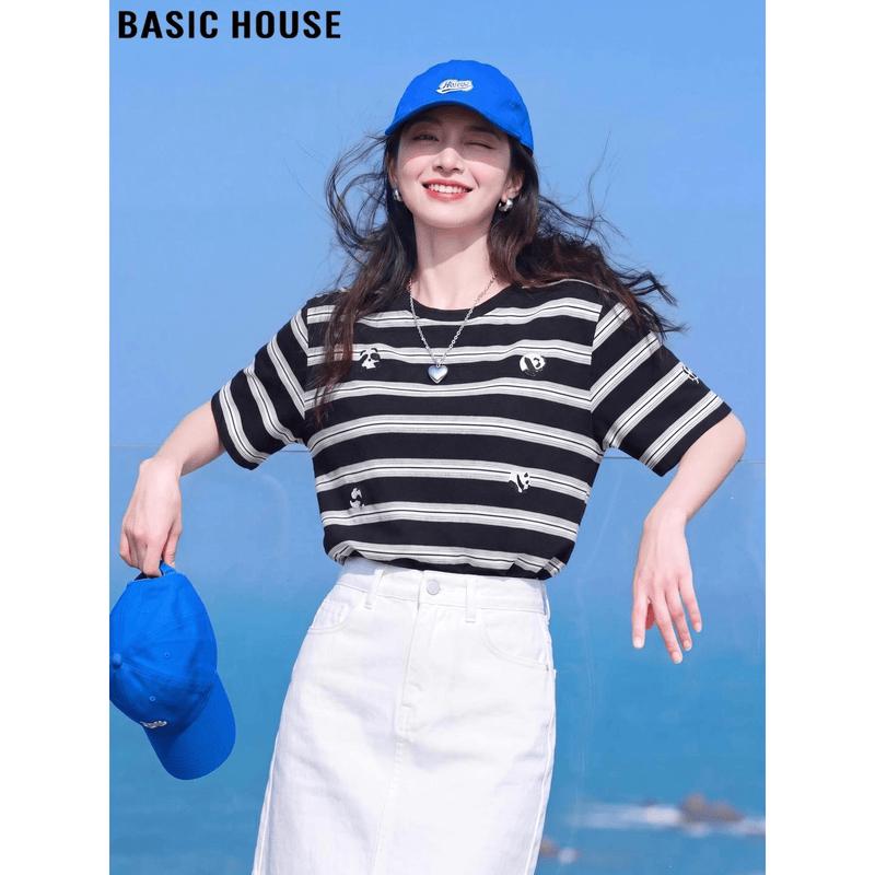 Basic House Women s Embroidered Color Block Stripe T-shirt M