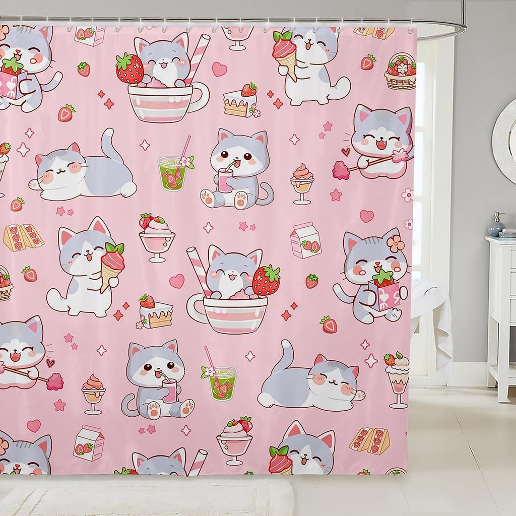 Kawaii Cat Shower Curtains,Cute Pets Animal Bathroom Curtain Girls Boys Teens Adult Room Decor,Pink Bowknot Heart Waterproof