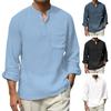 Men Cotton Linen Shirt Long Sleeve Band Collar T-Shirt with Chest Pocket Solid
