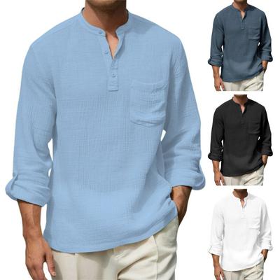 Men Cotton Linen Shirt Long Sleeve Band Collar T-Shirt with Chest Pocket Solid Color Casual Holiday Shirt for Travel Summer Beach Vacation Daily Wear