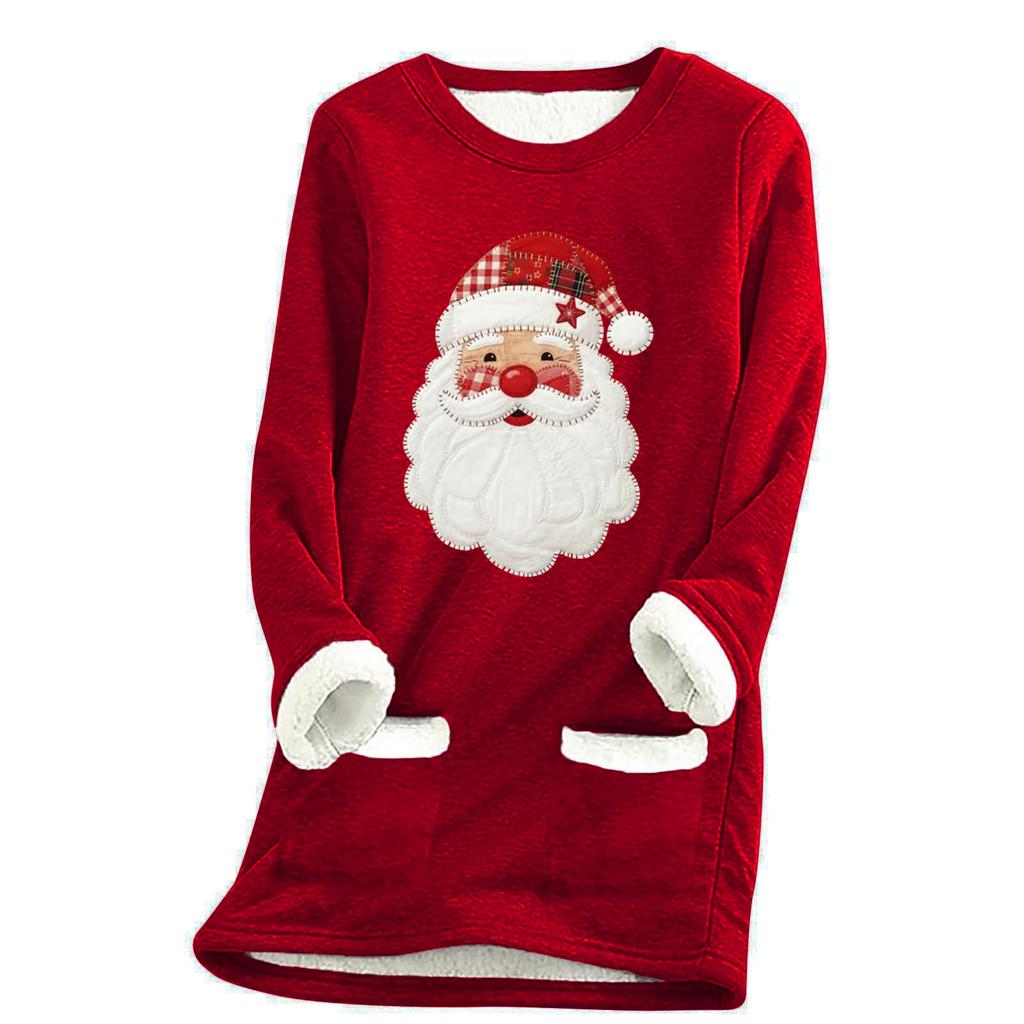 Ladies' Loose And Comfortable Round Neck Christmas Print Thick With Pockets Long Sleeved Top