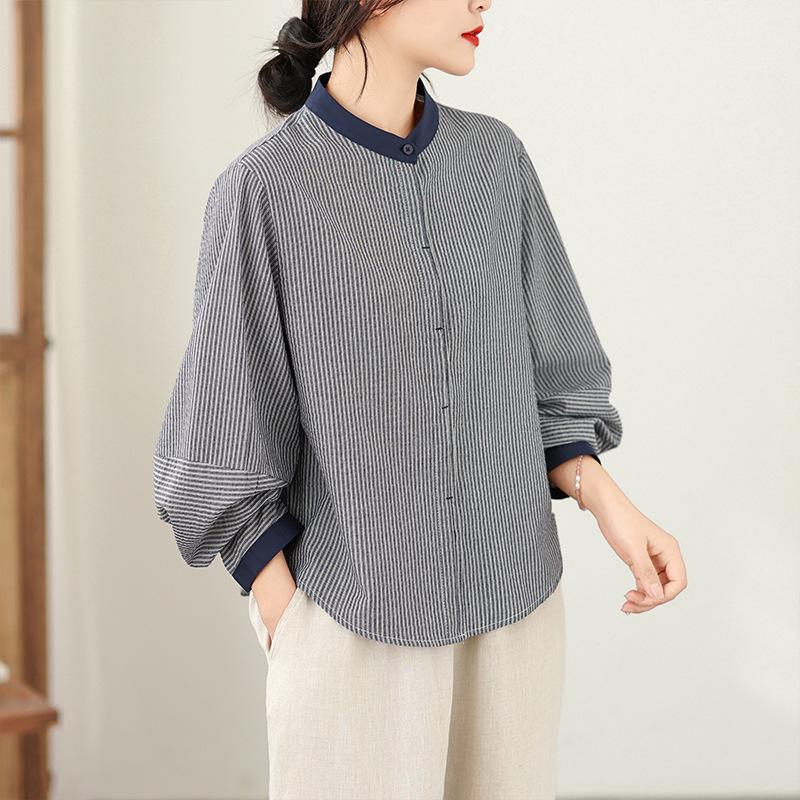 

Four Seasons 2026 Artistic Retro Striped Cotton Linen Shirt for Women - Plus Size & Versatile. 3XL