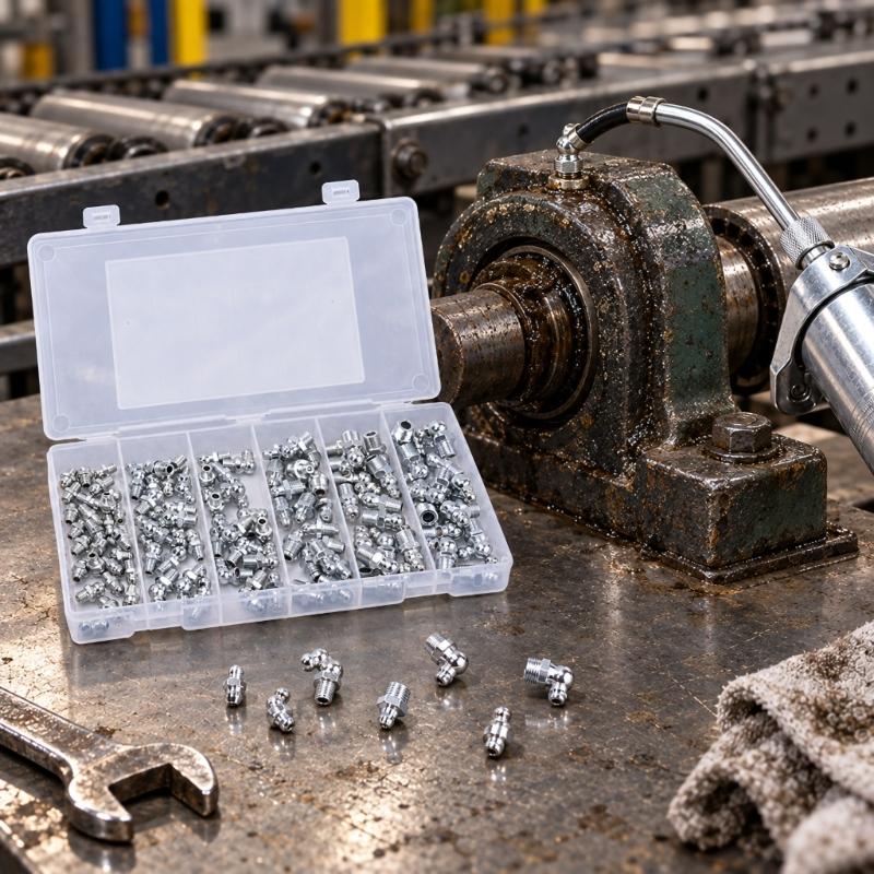 Grease Connection Fitting Assortment with Six-Sided Installation Bases for Machinery Lubrication Maintenance Tasks