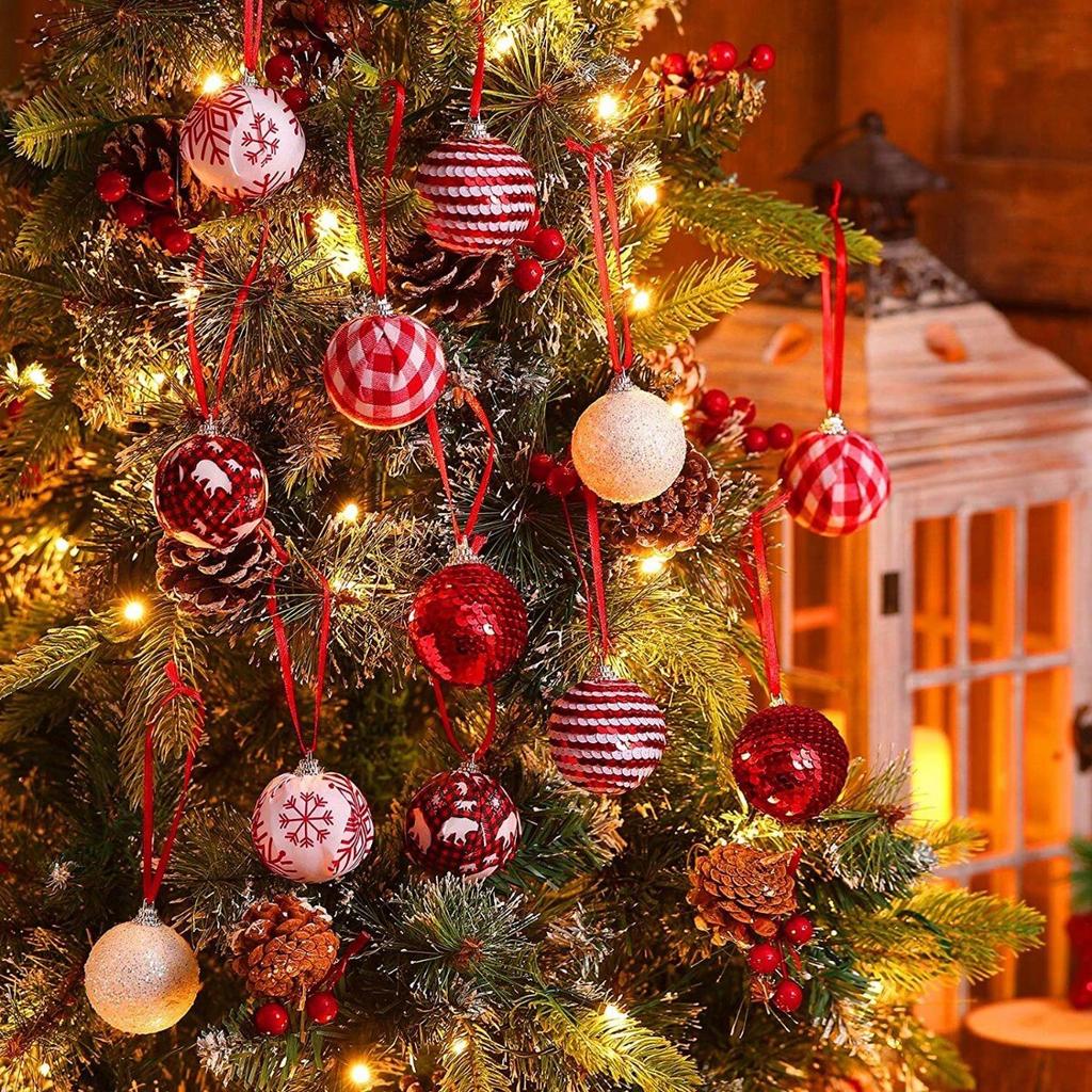 12Pcs Buffalo Plaid Glitter Christmas Ball Ornaments, Rustic Hanging Tree Decor for Xmas Party Supplies Holiday Decor