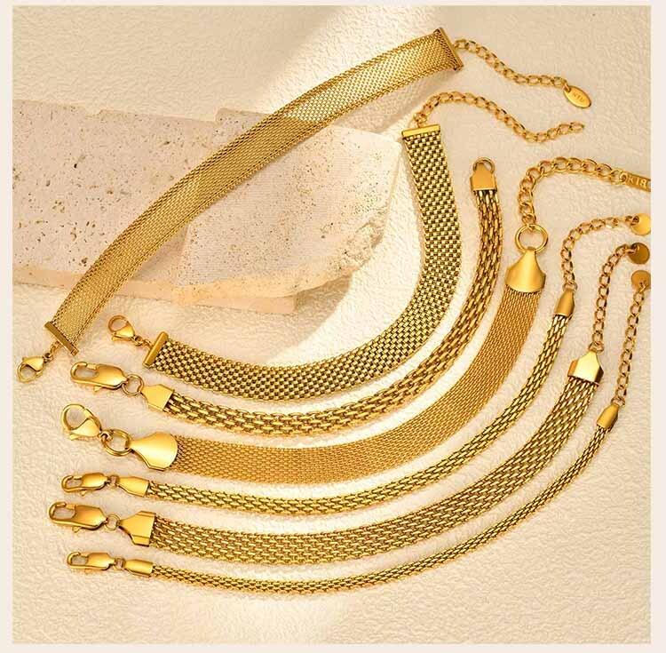 Stainless Steel 18K Gold Plated Bracelet for Women, Adjustable Weaving Mesh Chain, Exquisite Jewelry Gift