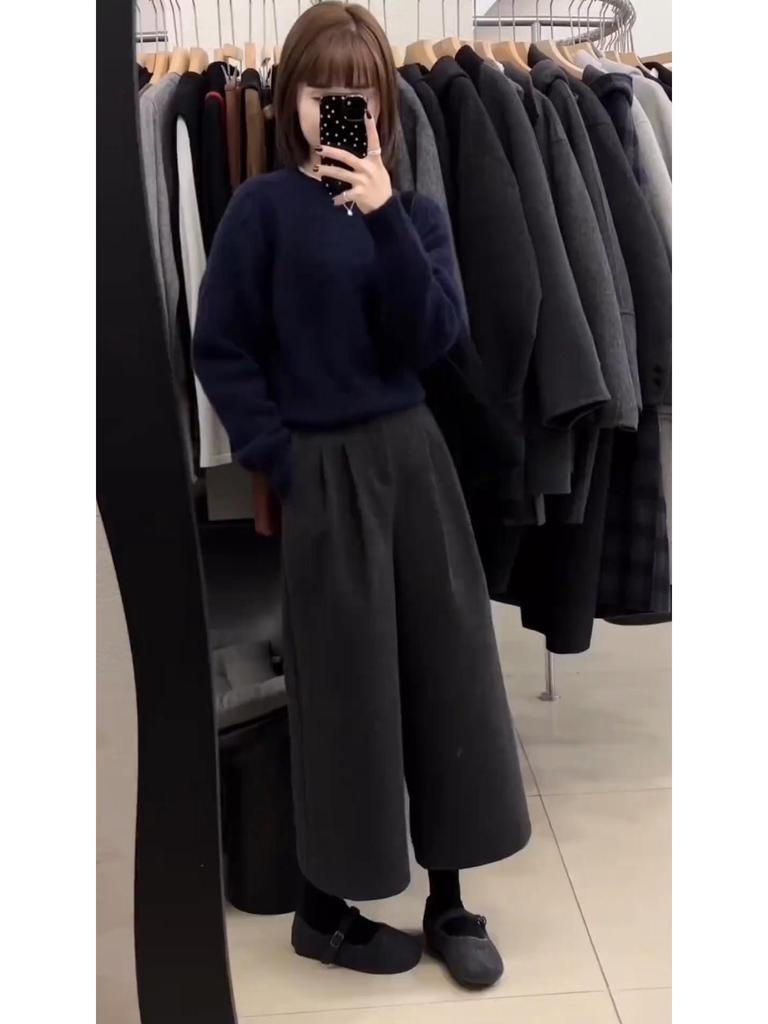 Women's High-Waisted Woolen Wide-Leg Pants - Slimming, Casual, Spring/Autumn Wear