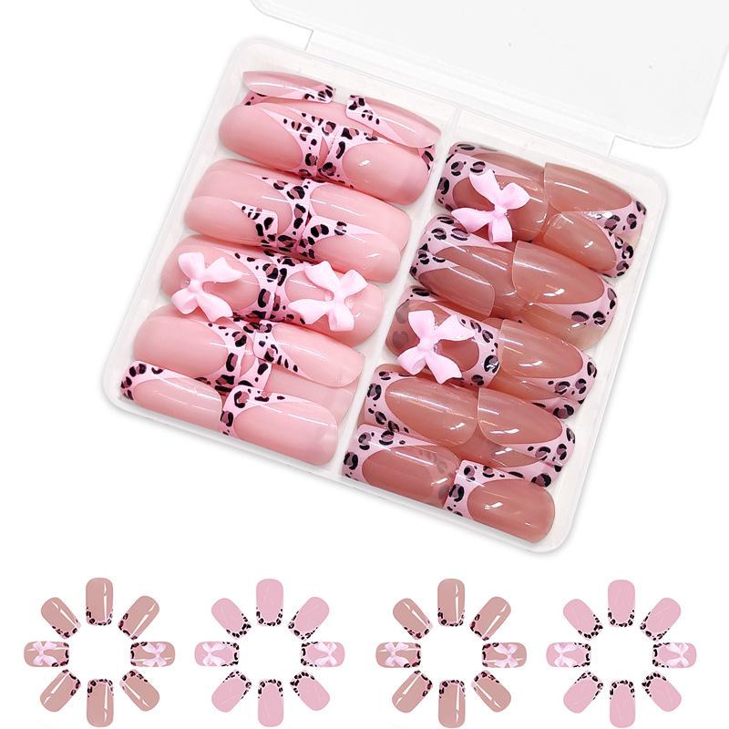 

Glossy French Leopard Print Nail Art Set with Pink Bow - 48 Pieces