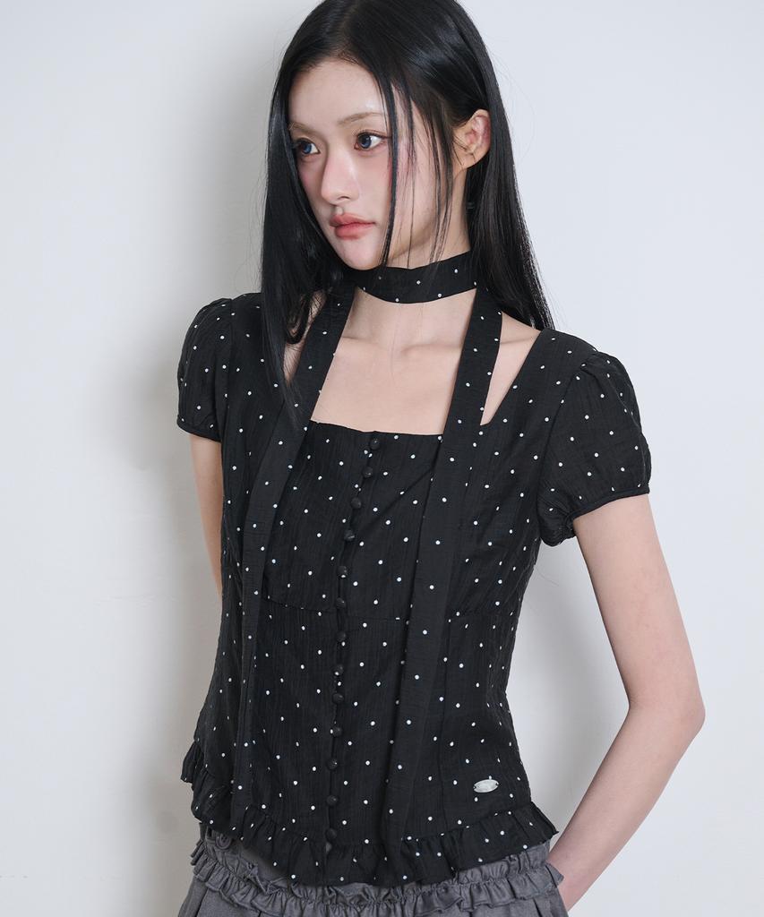 ILLIGO Ribbon Tie Square Neck Blouse Black Dot