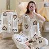 Three-Piece Set Women Sleepwear Silk Short-Sleeved Trousers Pajamas Ladies Cartoon Bear Cherry Lapel Cardigan Sexy Nightwear