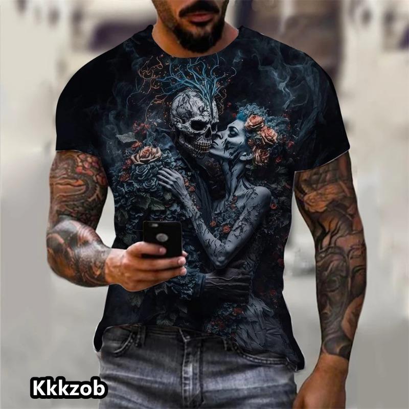 

Black Skull T Shirt Men Punk Skeleton T-Shirt Rock Gun Blue T Shirts 3D Print Tshirt Vintage Gothic Mens Clothing Summer Tops L