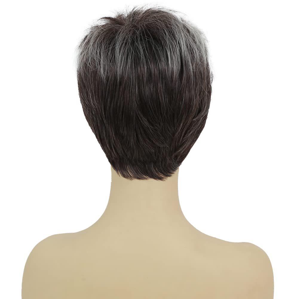 Women Short Natural Wave Wigs with Bangs Stylish Layered Black Gray White Hair for Daily Cosplay Use Heat Resistant Fibre