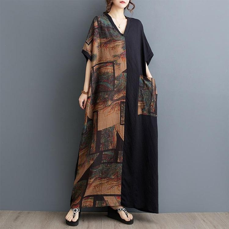 Neues Vintage Sommer Freizeitkleid für Damen Übergröße Locker Lang Maxi Kurzarm Kleider