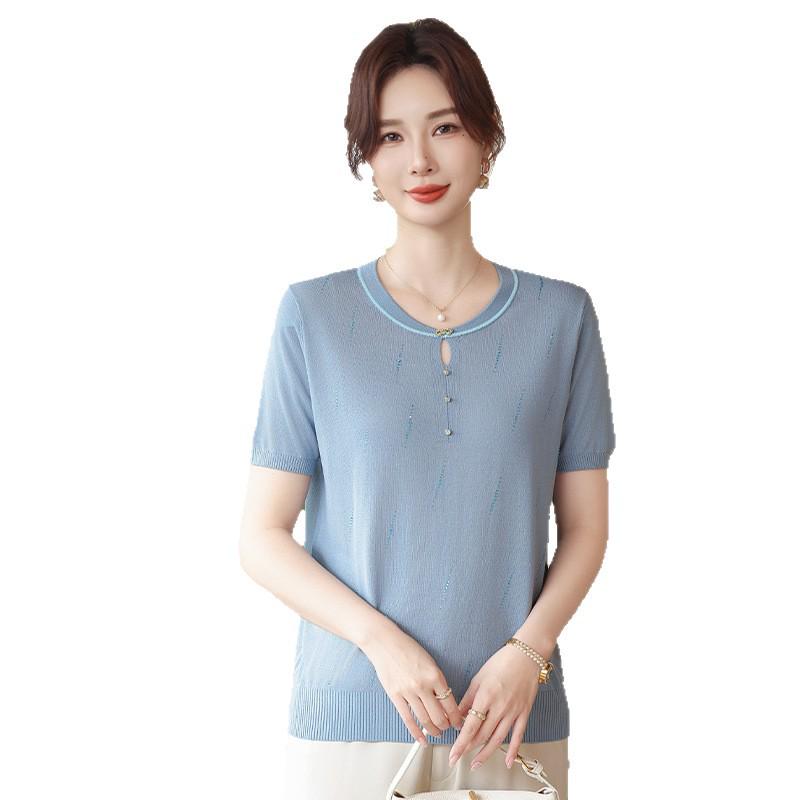 Sommer-Eis-Seide Rundhals-T-Shirt 2026 - Locker gestrickt für Frauen mittleren Alters & ältere Frauen
