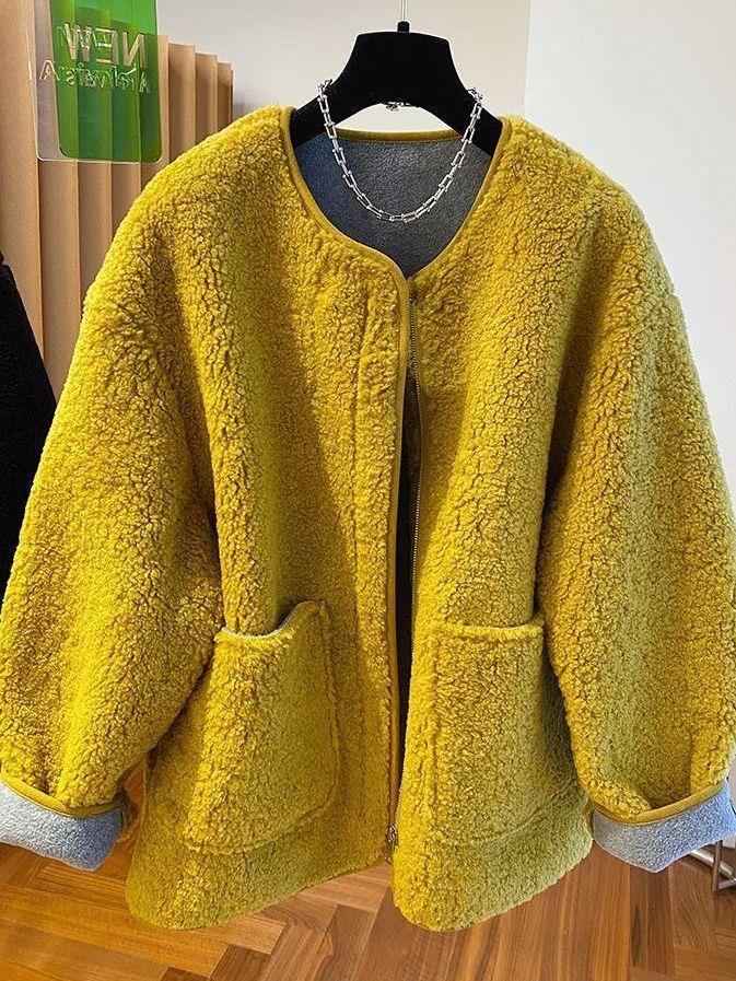 Women's Winter 2025 Soft Yellow Lambswool Coat - Loose, Thick, and Fluffy