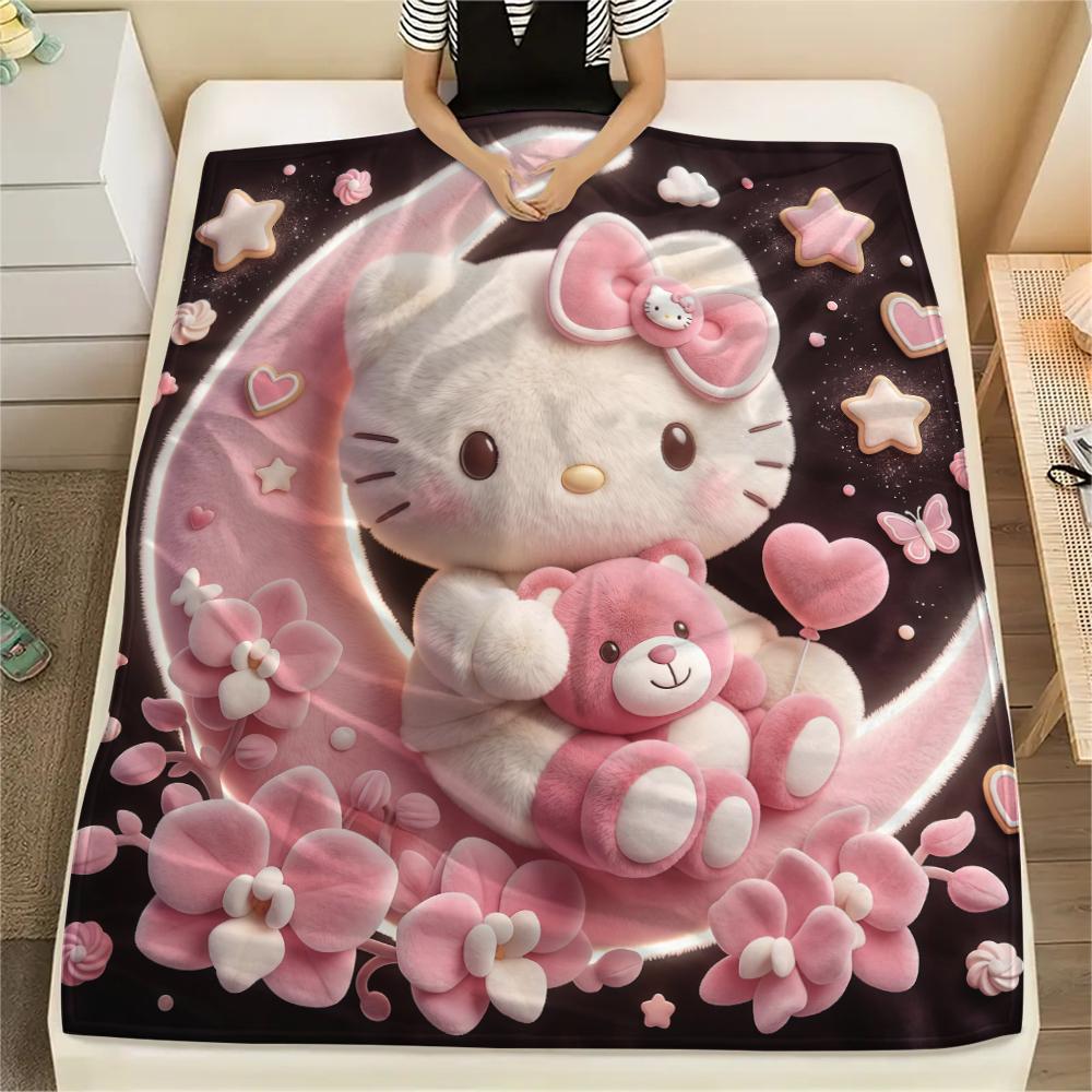 

1 шт. Розовое фланелевое одеяло Hello Kitty с принтом, Высококачественное, Для всех сезонов, Декор для дома, Тепло и комфорт, Идеально для рождественских подарков 80cm x 120cm