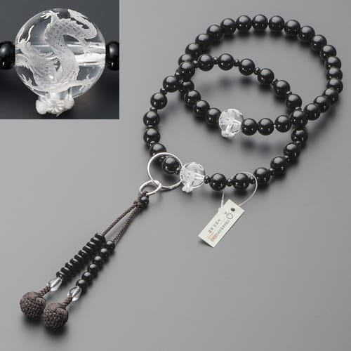 Buddhist Altar Shop Takita Shoten Buddhist Prayer Beads, Jodo Sect, Formal Prayer Beads for Men, Black Onyx with Dragon Carvings and Genuine Crystal,