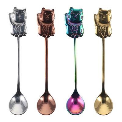 4pcs Cat Style Lucky Cat Coffee Spoon 4 Color 5.71x0.98in Mini Cat Style Dessert Spoon Stainless Steel Cartoon Spoon