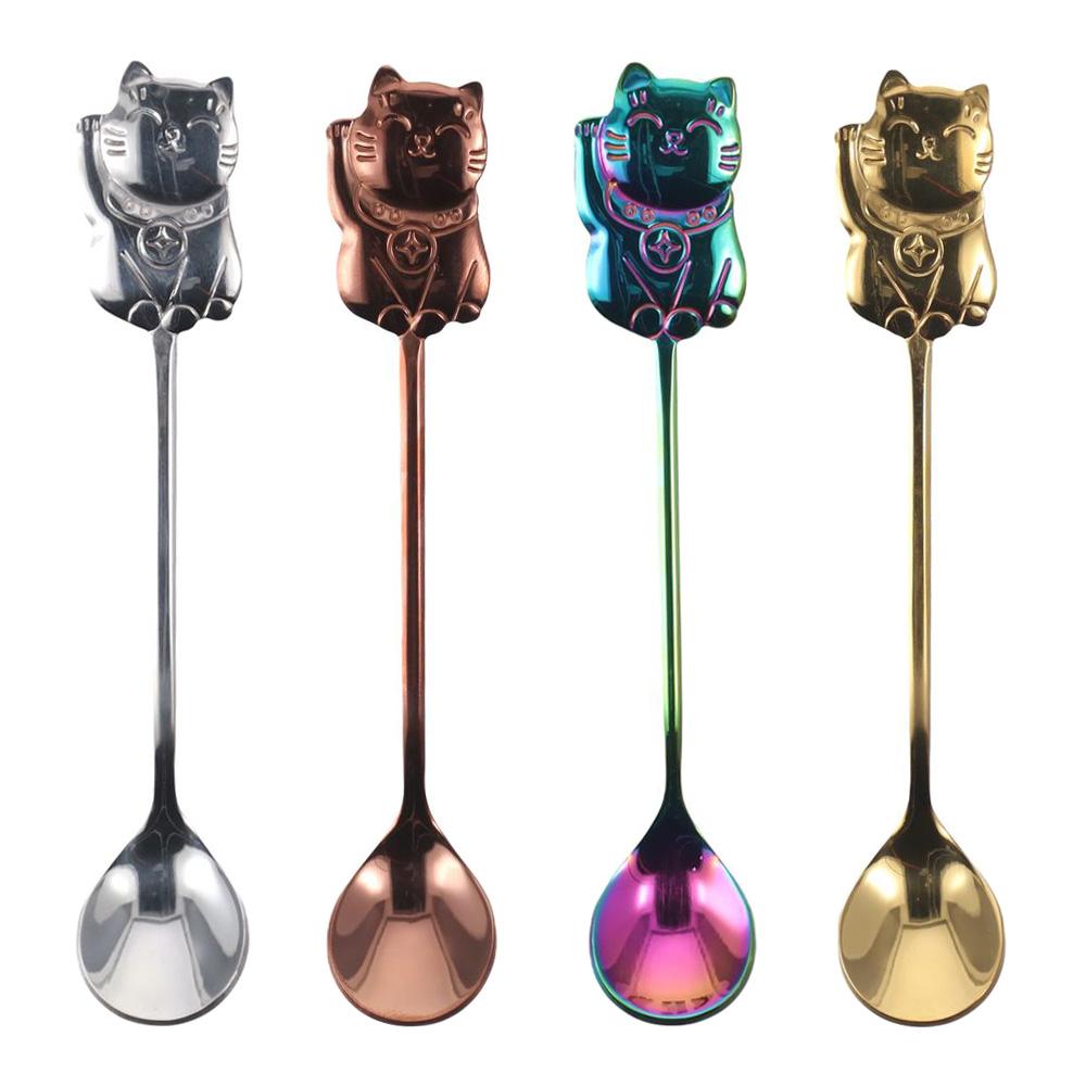 4pcs Cat Style Lucky Cat Coffee Spoon 4 Color 5.71x0.98in Mini Cat Style Dessert Spoon Stainless Steel Cartoon Spoon