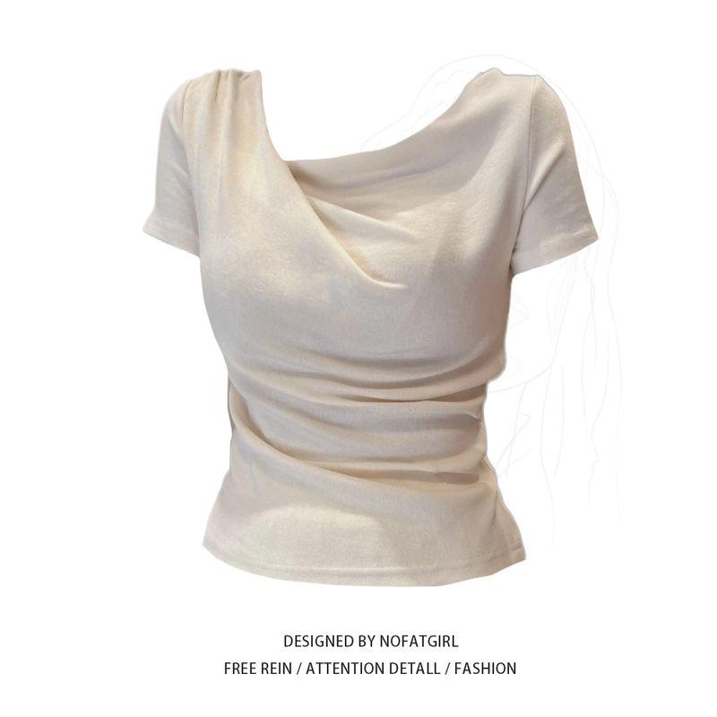 

Plus size Chubby Girl French style Swing Collar Short Sleeve Shirt Women Summer Sweet Gyaru Niche Design Sense Pleat Slim fit Waist Hugging Top Apricot Top M