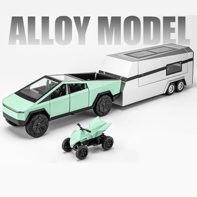

Large Size 1/24 Cybers Truck Pickup Trailer Alloy Car Model Diecast Metal Camper Van Touring Car Model Sound Light Kids Toy Gift зелений