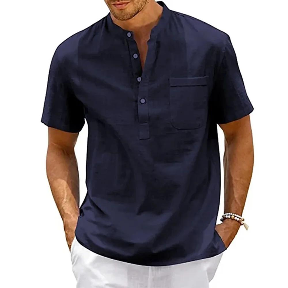 Camisa de Lino Algodón Hombre Cuello Henley Bolsillo Casual Playa Manga Corta Color Sólido Tops Camisetas Vintage Streetwear