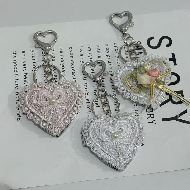 Sweet Lace Love Bow Folding Mirror Keychain Y2K Trendy Metal Keyring Car Key Holder Bag Pendant Decoration For Girl Gifts