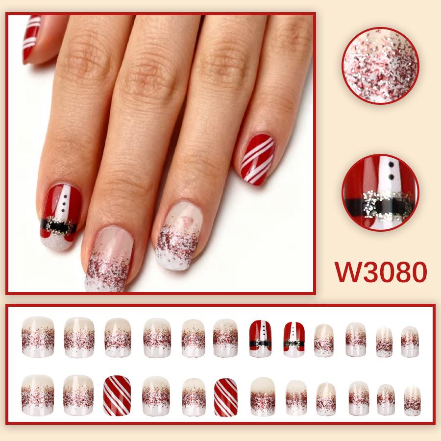 Santa Claus Red & White Striped Christmas Wearable Fake Nails - 24 Piece Set