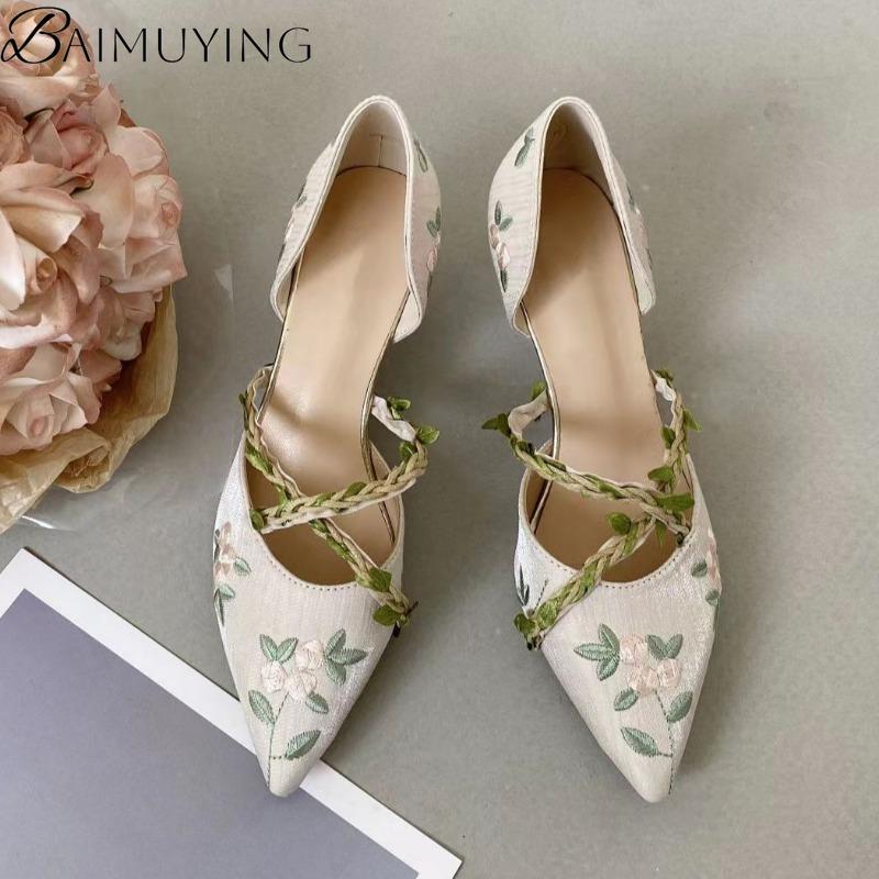 Damen Sandalen mit Absatz Spitzschuhe Stickerei Schuhe Damen Slipper 2025 Trend Elegant Flache Pumps Sommerkleid Sandalias De Mujer