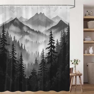 Berg Douchegordijn, Zwart en Wit Bos Natuur Modern Grijs Rustiek Bosland Denneboom Badkamer Decoratie, Polyester Stof