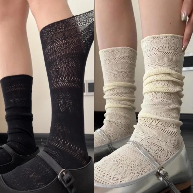 1/2pairs Lolita Sweet Pile Socks for Women Girls Mesh Hollowed Out Thin Nylon Silk Retro Flower Lace Socks Ladies Crew Socks
