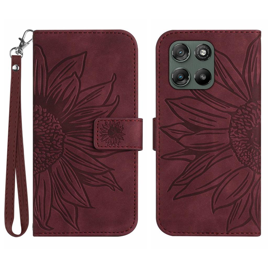 For Motorola Moto G67 Power 5G Case Sunflower Imprint Leather Wallet Phone Cover with Wrist Strap