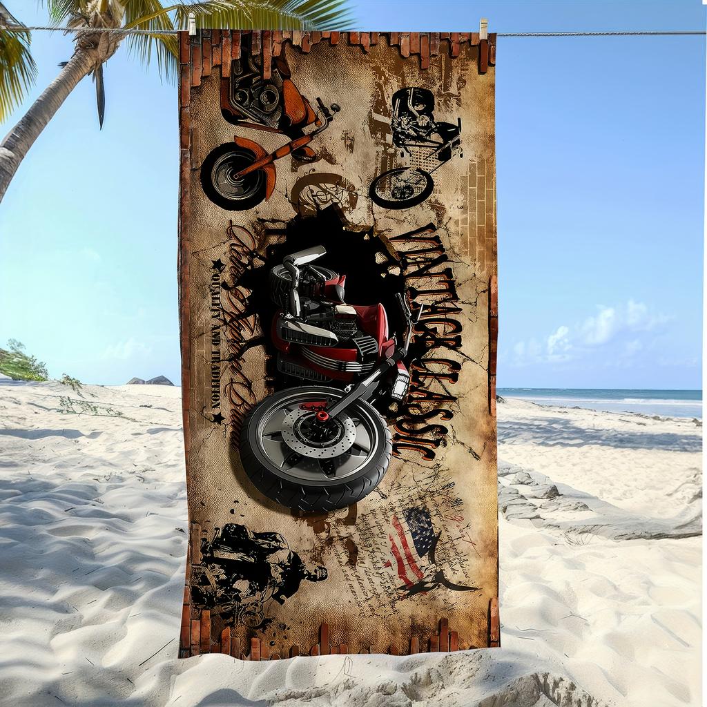 Vintage Klassisches Motorrad Print Strandtuch Schnelltrocknend Mikrofaser Sandfrei Saugfähig Waschbar für Biker Pool Reisen