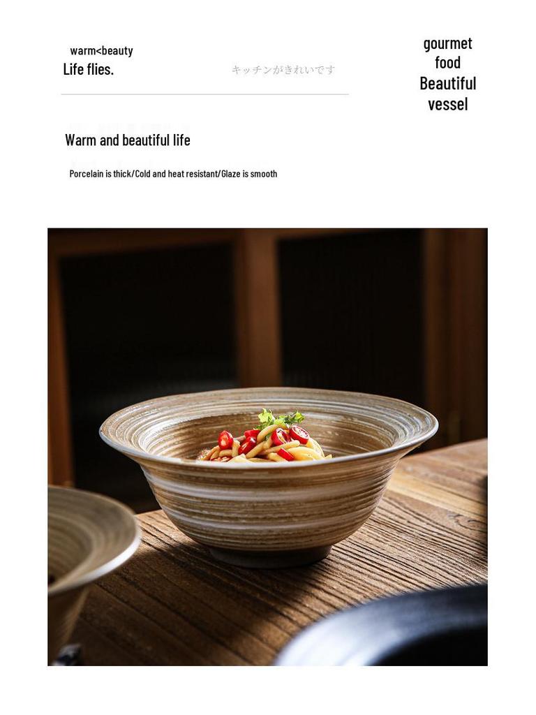 Handmade Retro Japanese Ceramic Ribbed Bowl: Perfect for Pasta, Salad, or Soup