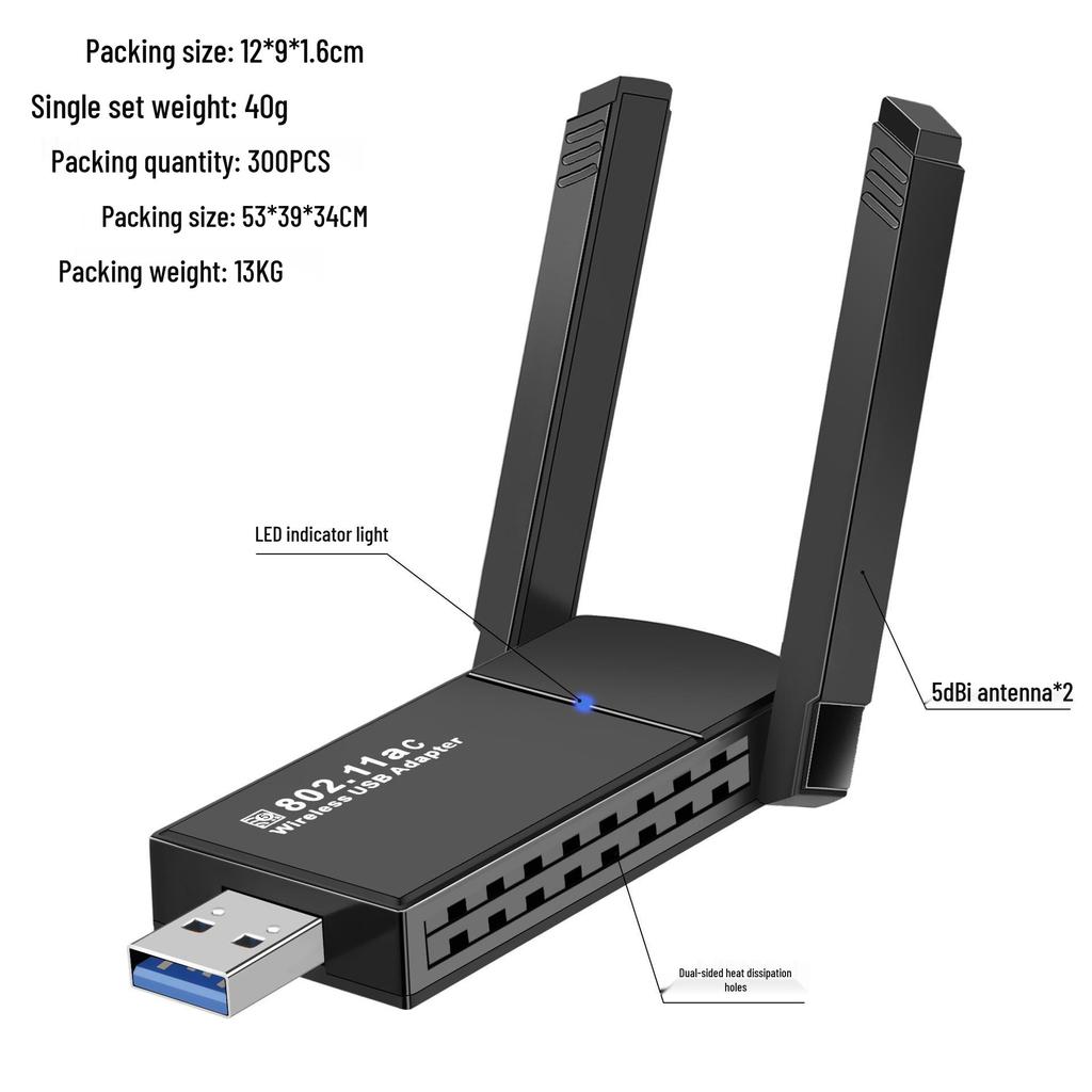 1300Mbps Dual-Band 5G USB Wireless Network Card, WiFi 6, Driver-Free for Computer