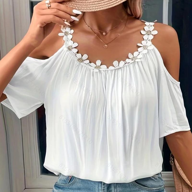 Off Shoulder Summer Sexy Women Blouse Flowers Loose Short Sleeve Shirt Ladies Elegant Casual O-neck Loose White Tops