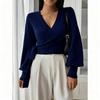 Women's V Neck Cross Front Belted Long Sleeve Knit Sweater Casual Pullover